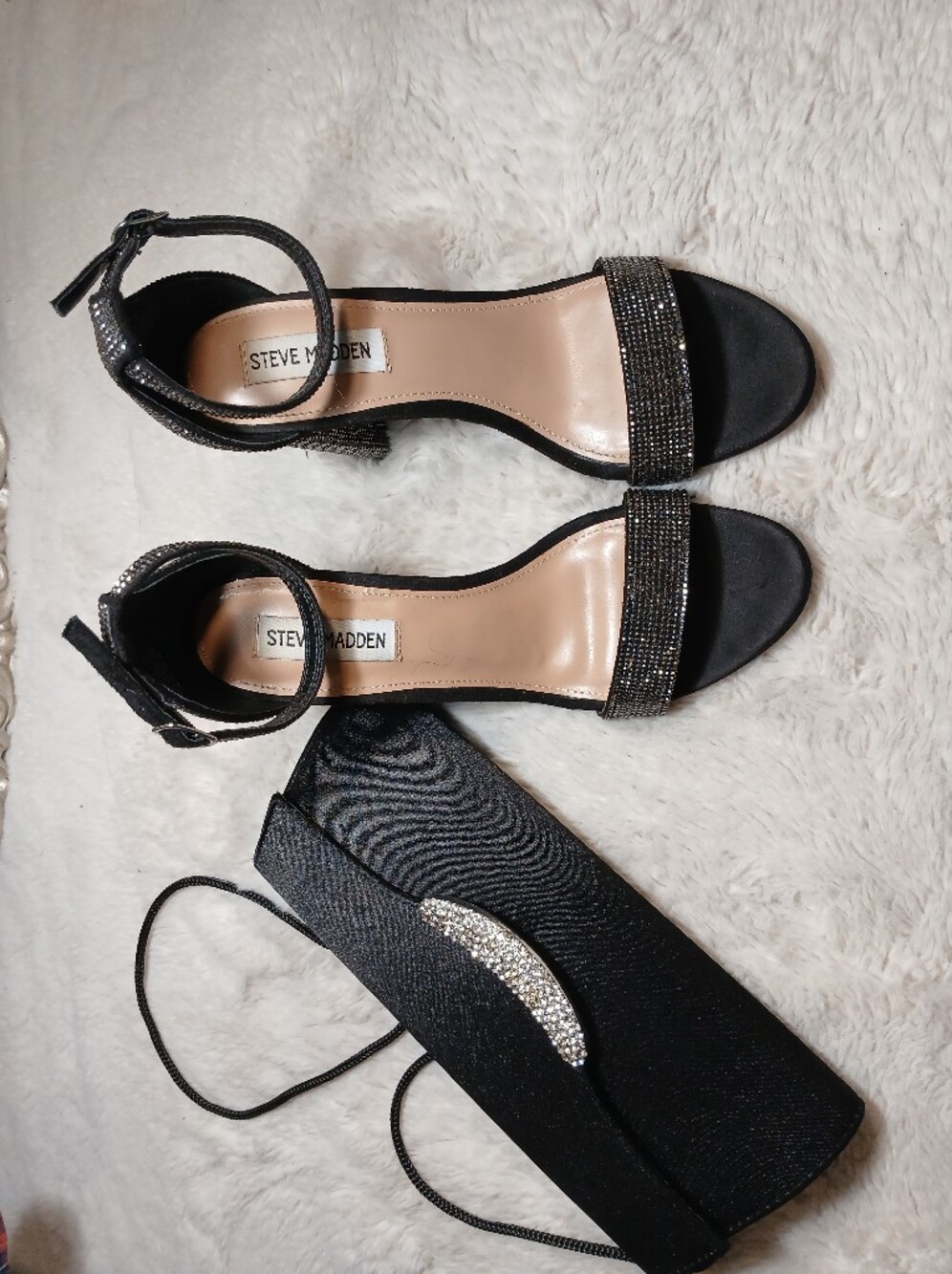🩷Bundle🩷Steve Madden Black Rhinestone Ankle Strap heels +Black Clutch - Picture 15 of 16